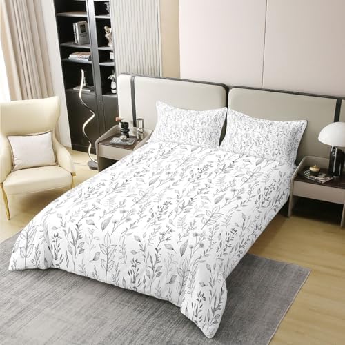 Feelyou White Grey Flower Duvet Cover 100% Cotton Queen Size Boys