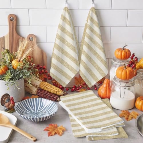 Rustic Linen Pattern Kitchen Towels Set of 3 Khaki Beige Vertical