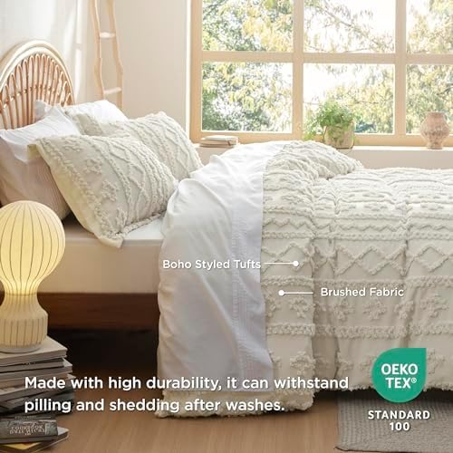 Bedsure Boho Twin Duvet Cover, Tufted Embroidery, 2-Piece, Beige