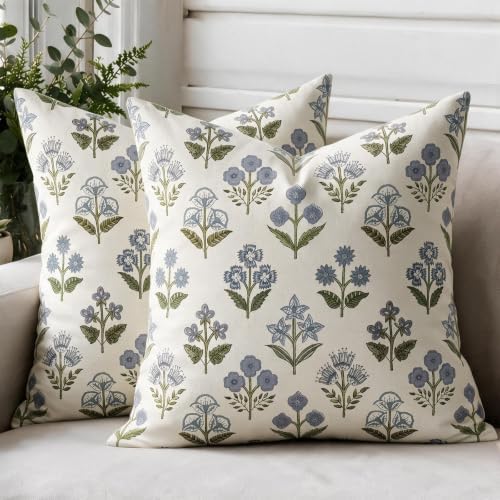 Farmhouse Floral Throw Pillow Covers 22x22 Set of 2, Blue Green