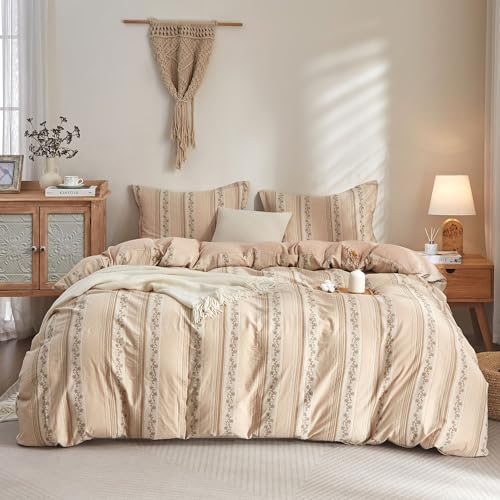 Bailix Floral Striped Duvet Cover Set Queen Size, 100% Washed Cotton