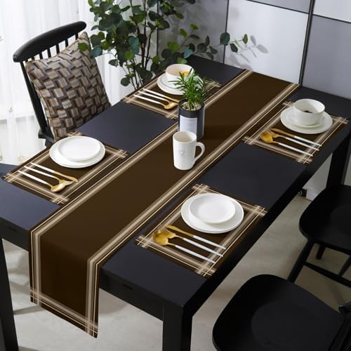 Minimalist Table Runner and Placemats Set of 4 Stripe Brown White