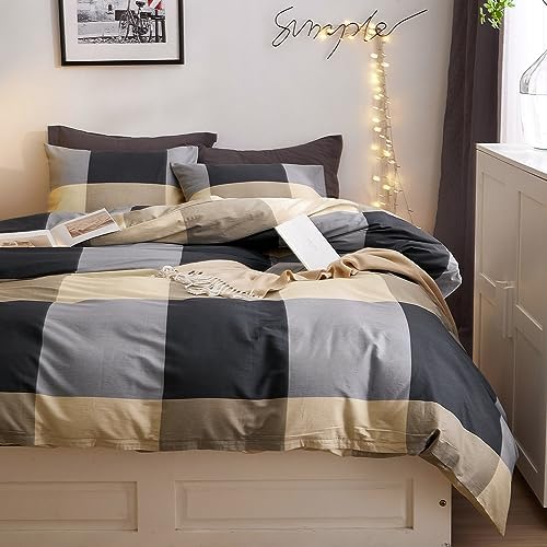 VM VOUGEMARKET Full Comforter Set,3 Pieces Black Gray Plaid Bedding