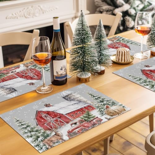 Gray Christmas Placemats Set of 8, Cotton Linen Fabric Place Mats