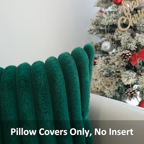 JOJUSIS Faux Fur Plush Throw Pillow Covers, Dark Green, 22 x 22-Inch