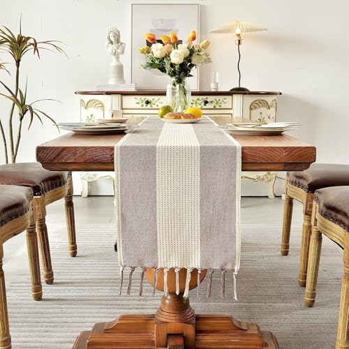 Boho Table Runner with Tassels Rustic Striped Cotton Linen Farmhouse