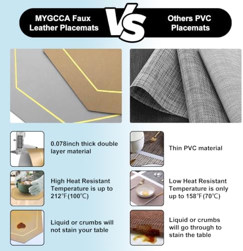 Placemats Set of 6, Beige and Grey Leather Placemats for Dining Table
