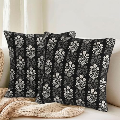 Vintage Black Cream Floral Block Print Decorative Pillow Covers 20x20
