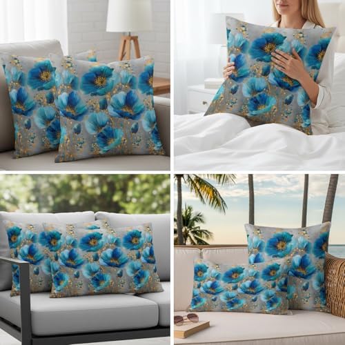 Set of 4 Blue Green Flowers Pillow Covers Modern Teal Gold Floral