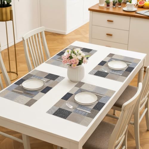 Khaki Grey Woven Placemats Set of 8, Modern Minimalist Patchwork Linen