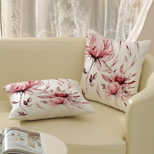 Spring Summer Pillow Covers 18x18 Set of 2 Vintage Burgundy Red Floral