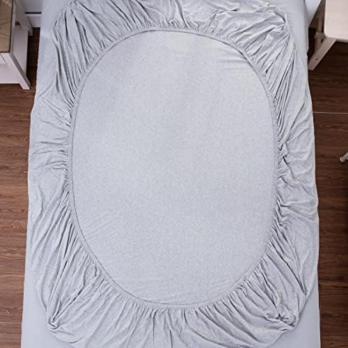 LIFETOWN Jersey Knit Cotton Fitted Sheet Queen Size Light Grey Fitted