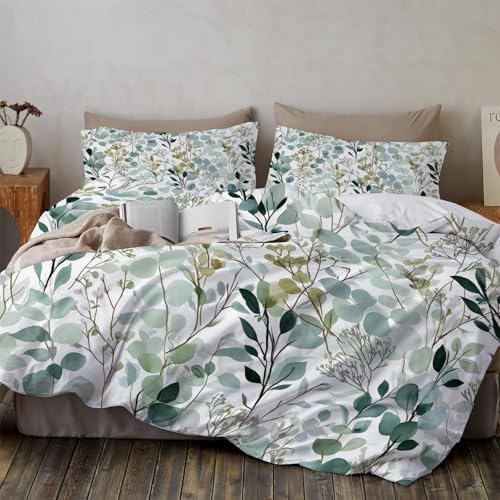 Duvet Cover Set King, Watercolor Eucalyptus Leaves Brushed Microfiber