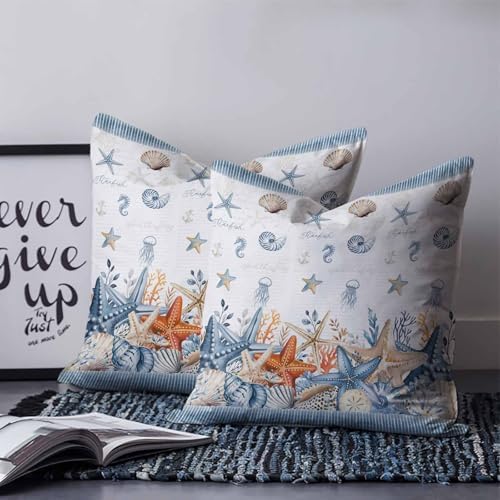 Coastal Starfish Pillow Covers 24x24 Set of 2, Orange Blue Summer