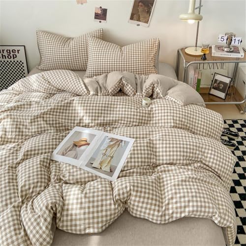 Nayoroom Gingham Duvet Cover Set King Brown Tan Plaid Checkered