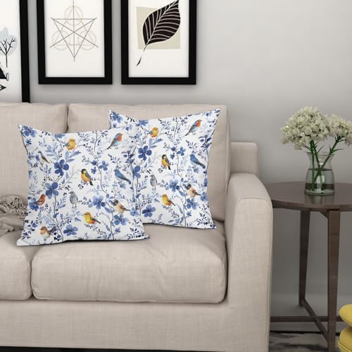 Bird Floral Pillow Covers 22x22inch, Watercolor Navy Blue Flowers