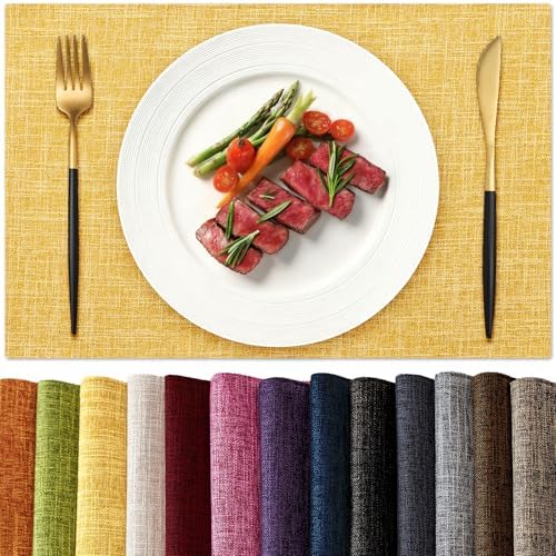 KXN Placemats Set of 6, Durable Dual-Layer Fabric Table Mats, Yellow