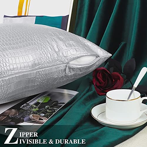 BRAWARM Silver Faux Leather Pillow Covers 18x18, Embossed Crocodile