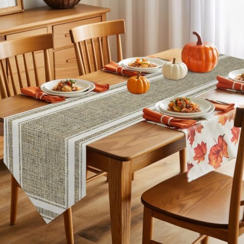 Beige Rustic Table Runner 108 Inches Long, Farmhouse Neutral Striped