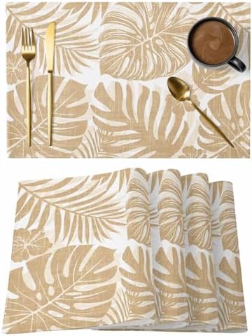 Placemats Set of 8, Sand Tan Monstera Woven Placemat, Linen Place Mats