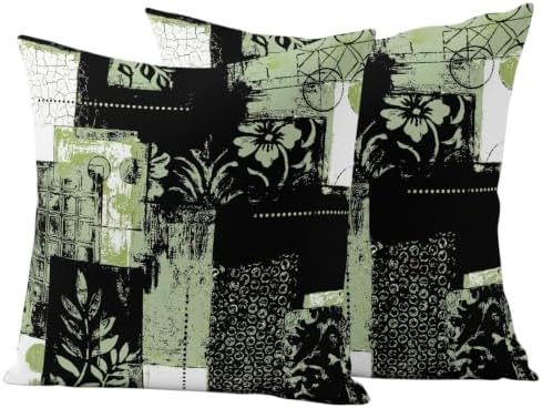 Sage Green Black Floral Leaves Decorative Throw Pillow Covers 18x18