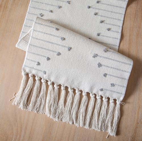 Caflife Grey Beige Cotton Linen Rustic Boho Table Runner 13 x 72 Inch