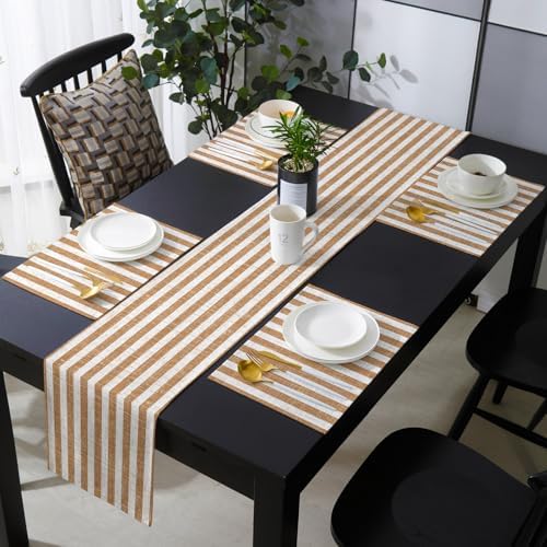 Brown Stripes Table Runner and Placemats Set of 6 Modern Farmhouse