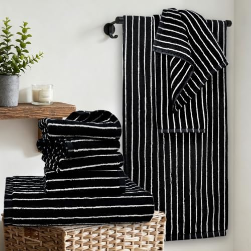 Jacquotha 8 Piece Black Towels Set for Bathroom, Striped, Cotton