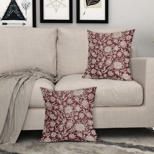 Burgundy Vintage Floral Pillow Covers 18x18 Inch Set of 2 Neutral