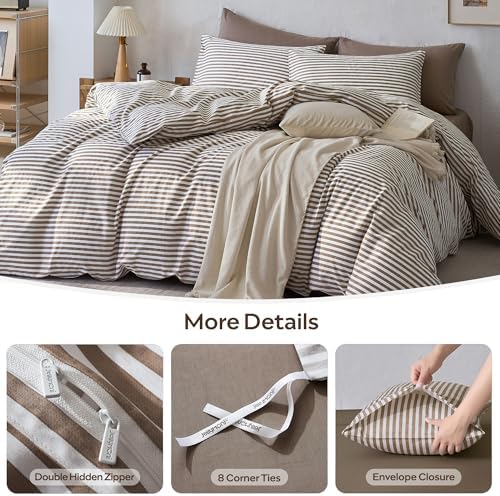 JELLYMONI 100% Cotton Printed Striped Queen Duvet Cover Set, Tan
