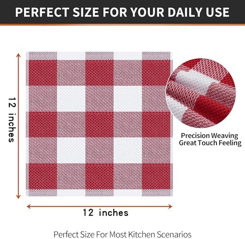 Homaxy 100% Cotton Check 6 Pack Dish Cloths, 12" x 12", White & Red