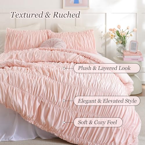 weigelia Blush Pink Ruched Comforter Set Queen Size, Cute Girls