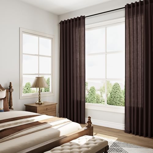 Linen Curtains Semi Sheer Coffee Brown 96 Inches Long 2 Panels Set for