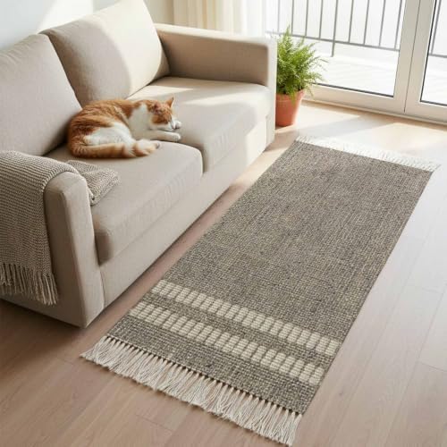 Gray Texture Hallway Runner Rug 2'x5', Country Farmhouse Burlap
