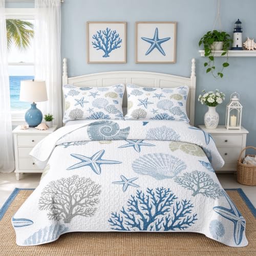 Manfei Coral Starfish Quilt Set Minimal Neutral Coastal Quilt Bedding