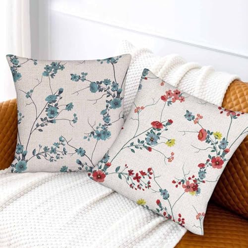 Floral Throw Pillow Covers Set of 2,Ancient Green Red Yellow Flowers