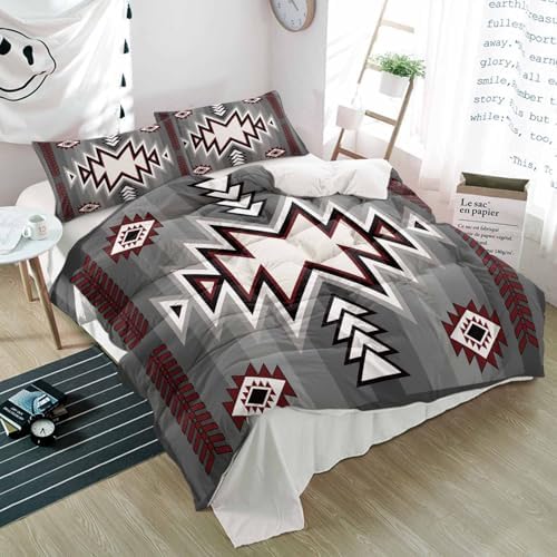 Duvet Cover Set Full, Retro Bohemian Gray Pattern 3 Piece Bedding Set