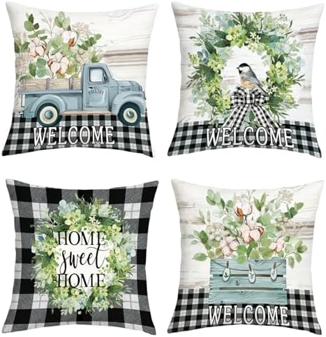 20x20 Set of 4 Green Eucalyptus Leaves Throw Pillow Cushion Cover