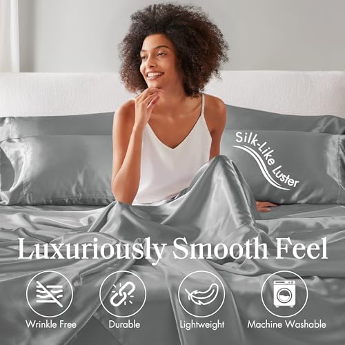 Madison Park Essentials Satin Sheets King Size Bed Set, 6 Piece, Grey