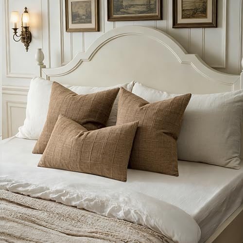FEVERQIYI Set of 2 22x22 Brown Cotton Linen Plaid Pillow Covers