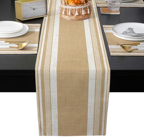 Vintage Tan Brown Striped Table Runner and Placemats for Dining