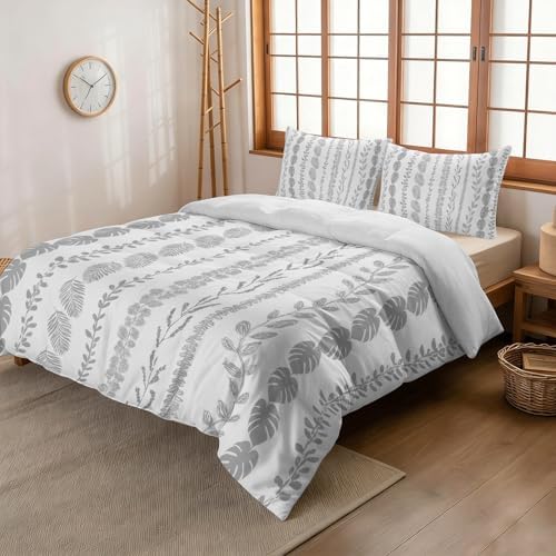 3 Pieces Bedding Set King Size, Grey Botanical Soft Duvet Covers Set