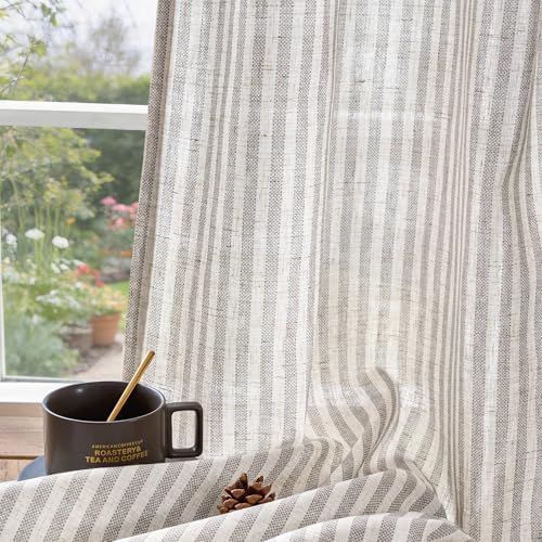 jinchan Linen Curtains 96 inch Taupe Stripe on Linen Grommet 2 Panels