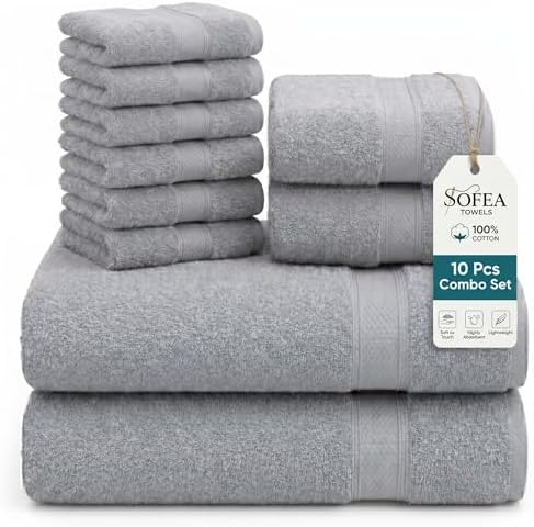 Sofea 10-Piece Towel Set, Premium 100% Cotton, Includes 2 Bath Towels