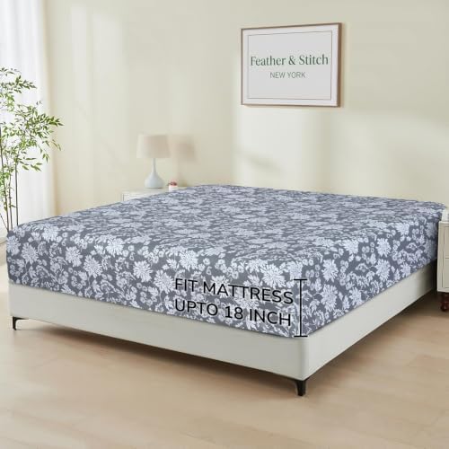 Feather & Stitch 1 Piece Fitted Sheet King Size, 100% Cotton Damask