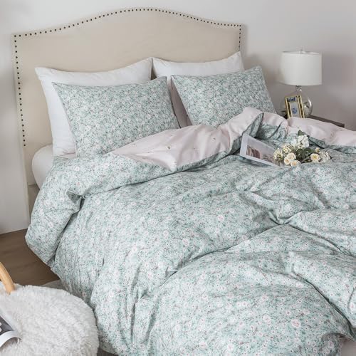 HoneiLife Cotton Floral Duvet Cover Sets, Light Green with Zipper
