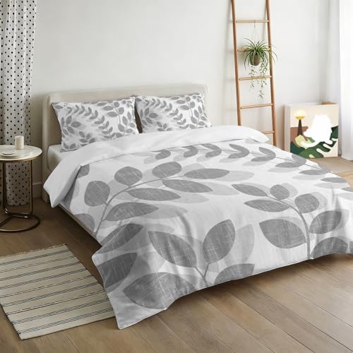3 Pieces Bedding Set King Size, Gray Leaves Soft Duvet Covers Set with