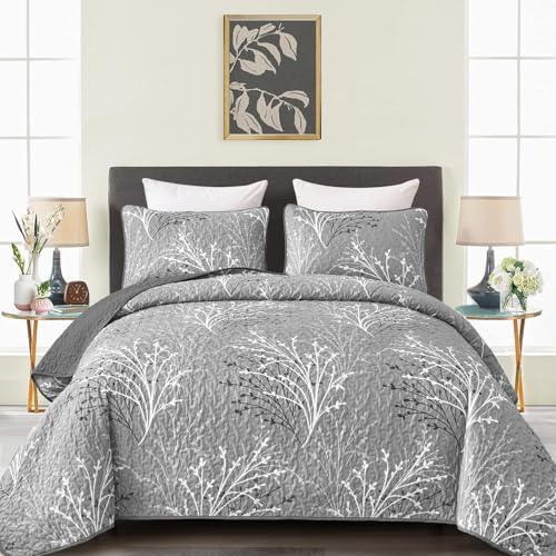 DJY Grey Quilt Set King Size - Branch Botanical Bedspread Coverlet Set