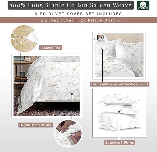Pizuna 100% Cotton Carrara Marble Print Queen Duvet Cover Set 400TC