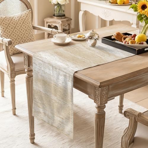 Beige Planks Table Runner, Farmhouse Vertical Wood Grain Washable
